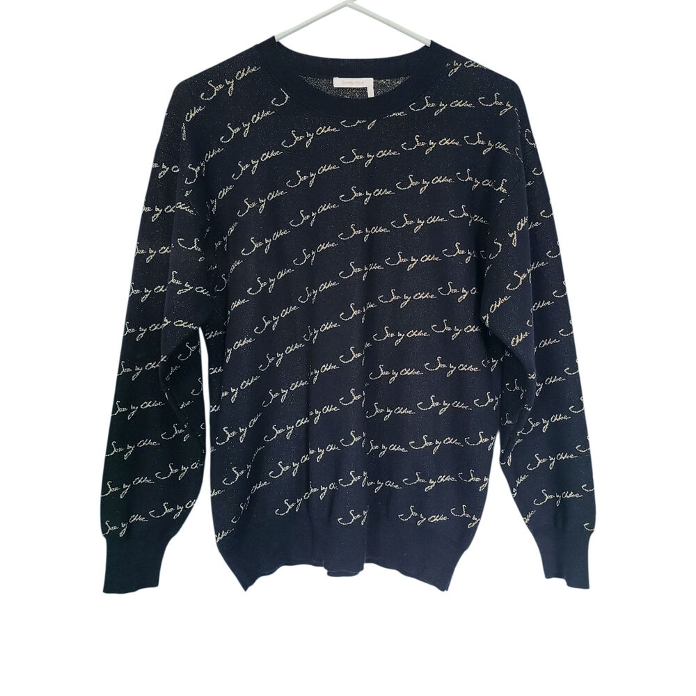 See By Chloe Metallic Gold Logo Knit Sweater Black Silk Blend Size Small